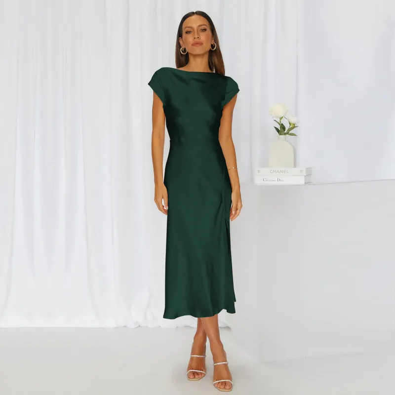 Clocked Out Matte Satin Side Slit Midi Dress