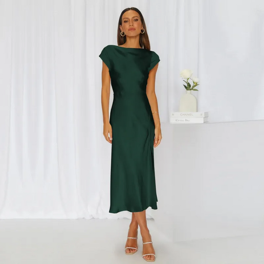 Clocked Out Matte Satin Side Slit Midi Dress