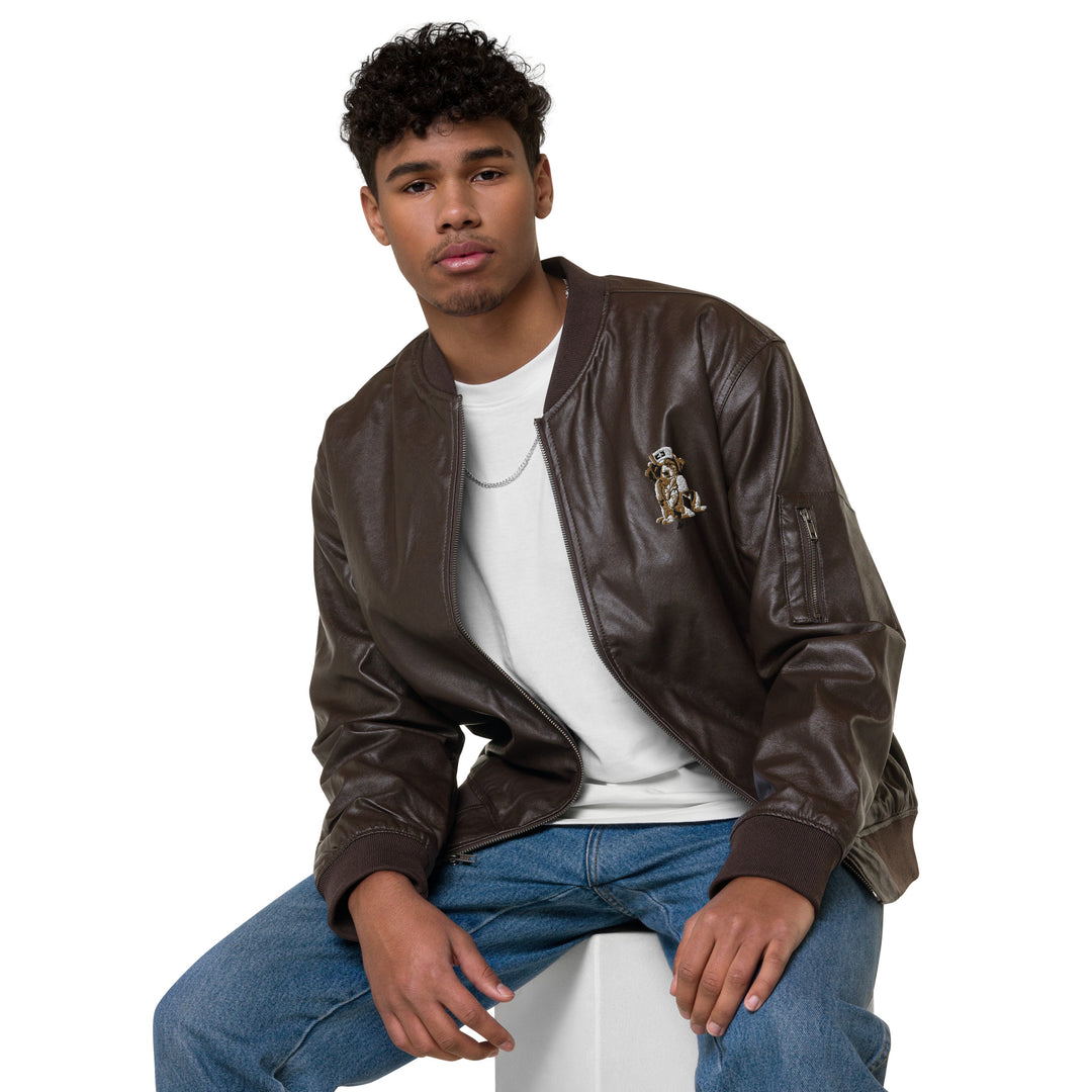 Bruguo Embroidery Faux Leather Bomber Jacket