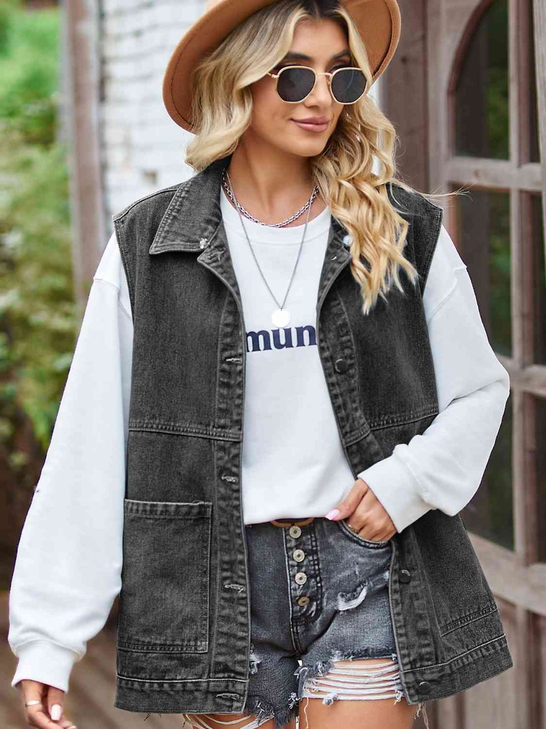 Button Front Sleeveless Denim Jacket