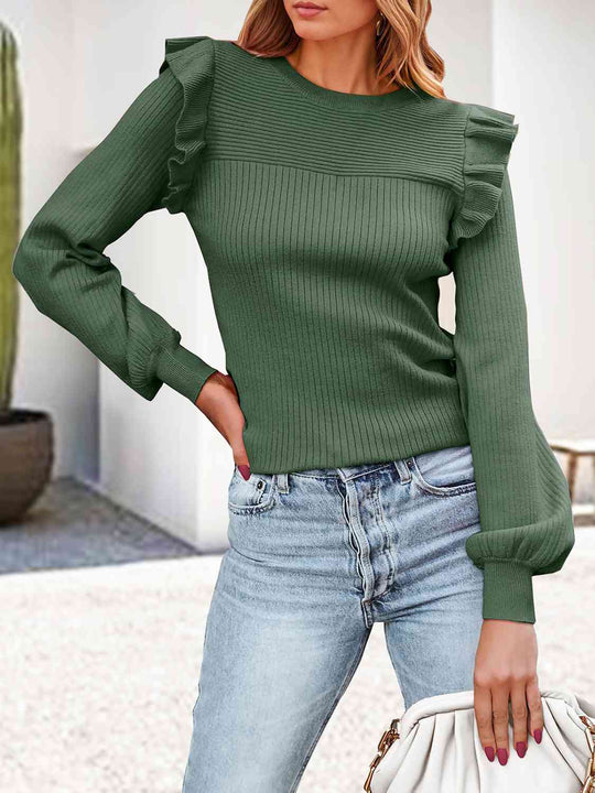 solid ruffled trim crew neck sweater