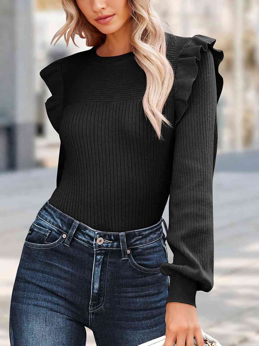 solid ruffled trim crew neck sweater